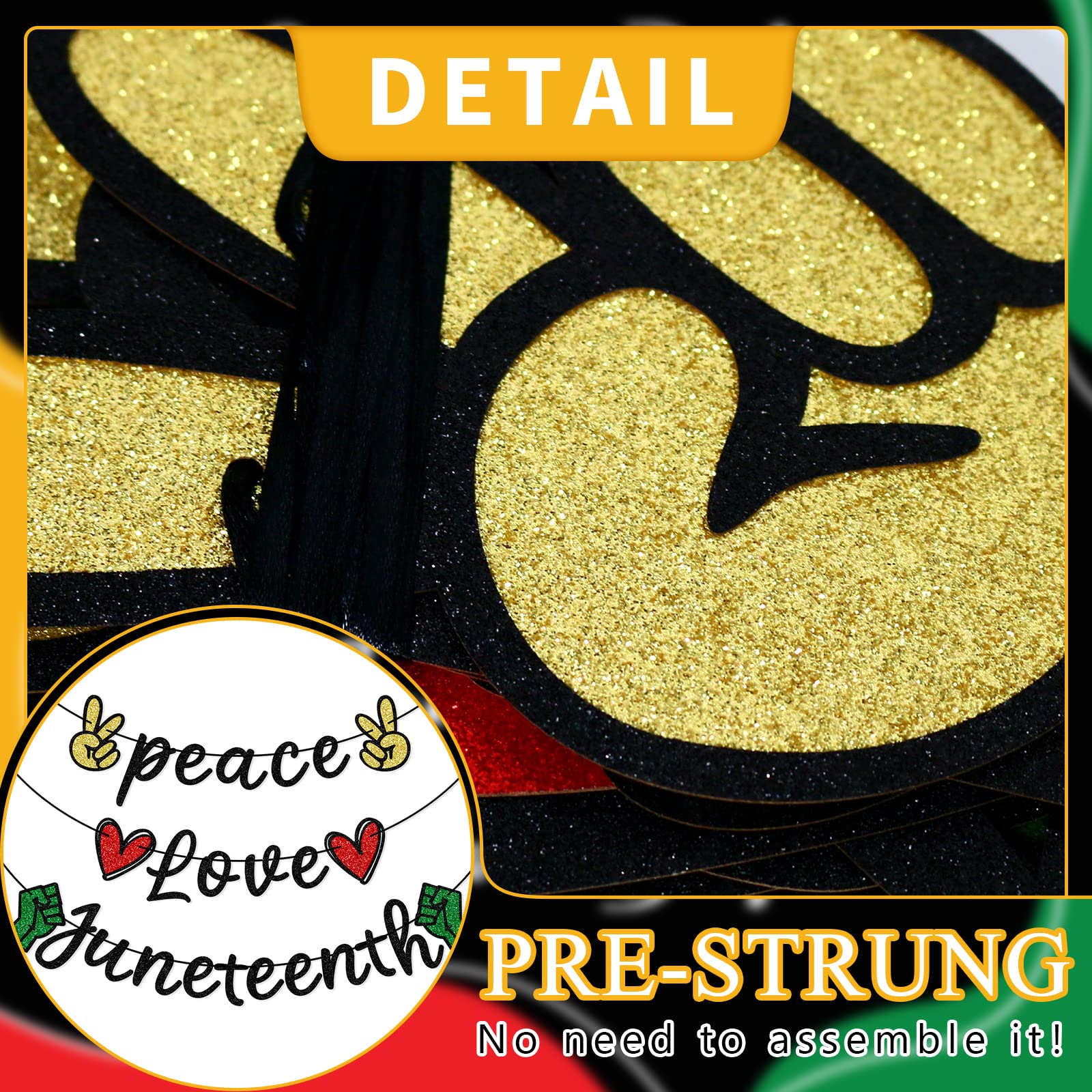 Peace Love Juneteenth Banner - Juneteenth and Pride Decorations in Red Gold Black Glitter Cardstock - Handmade Pre-Strung