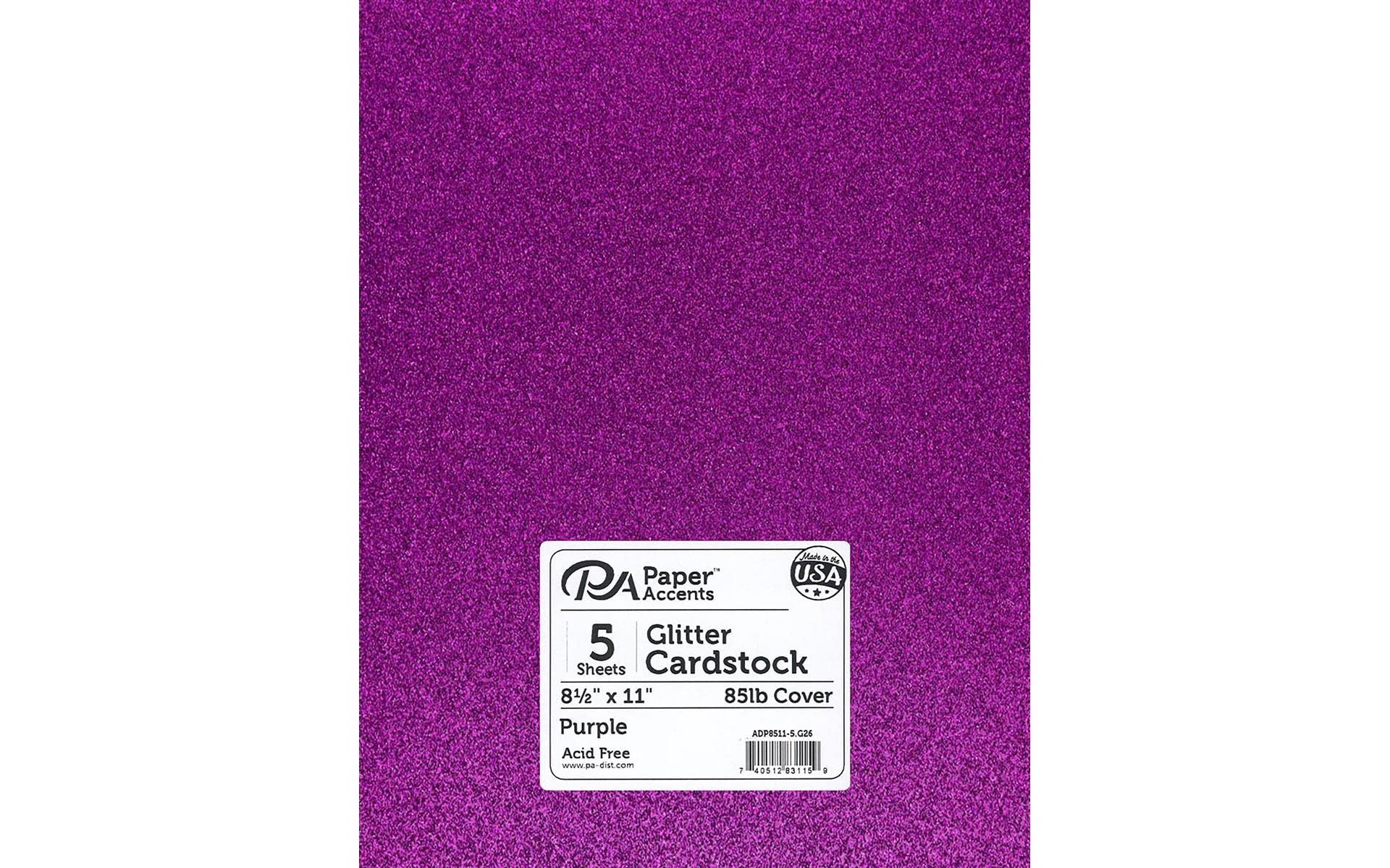 PA Paper Accents Glitter Cardstock 8.5" x 11" Purple, 85lb colored cardstock paper for card making, scrapbooking, printing, quilling and crafts, 5 piece pack