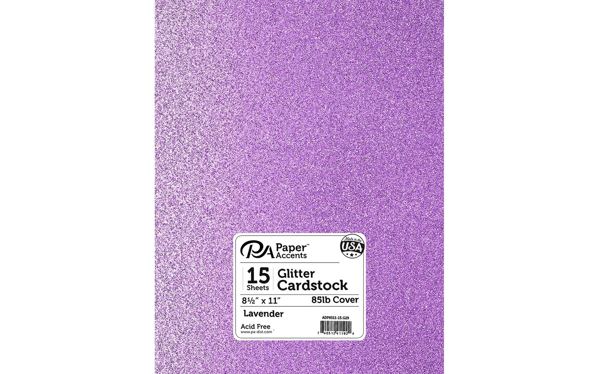 PA Paper Accents Glitter Cardstock 8.5" x 11" Lavender, 85lb colored cardstock paper for card making, scrapbooking, printing, quilling and crafts, 15 piece pack