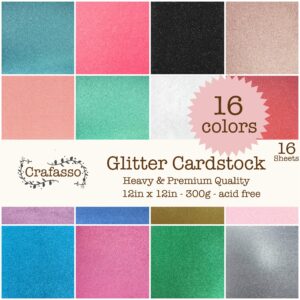 Crafasso 12" x 12" 300gms Heavy & Premium Glitter cardstock, 16 Sheets, 16 Colors