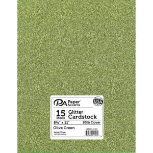 PA Paper Accents Glitter Cardstock 8.5" x 11" Olive Green, 85lb colored cardstock paper for card making, scrapbooking, printing, quilling and crafts, 15 piece pack