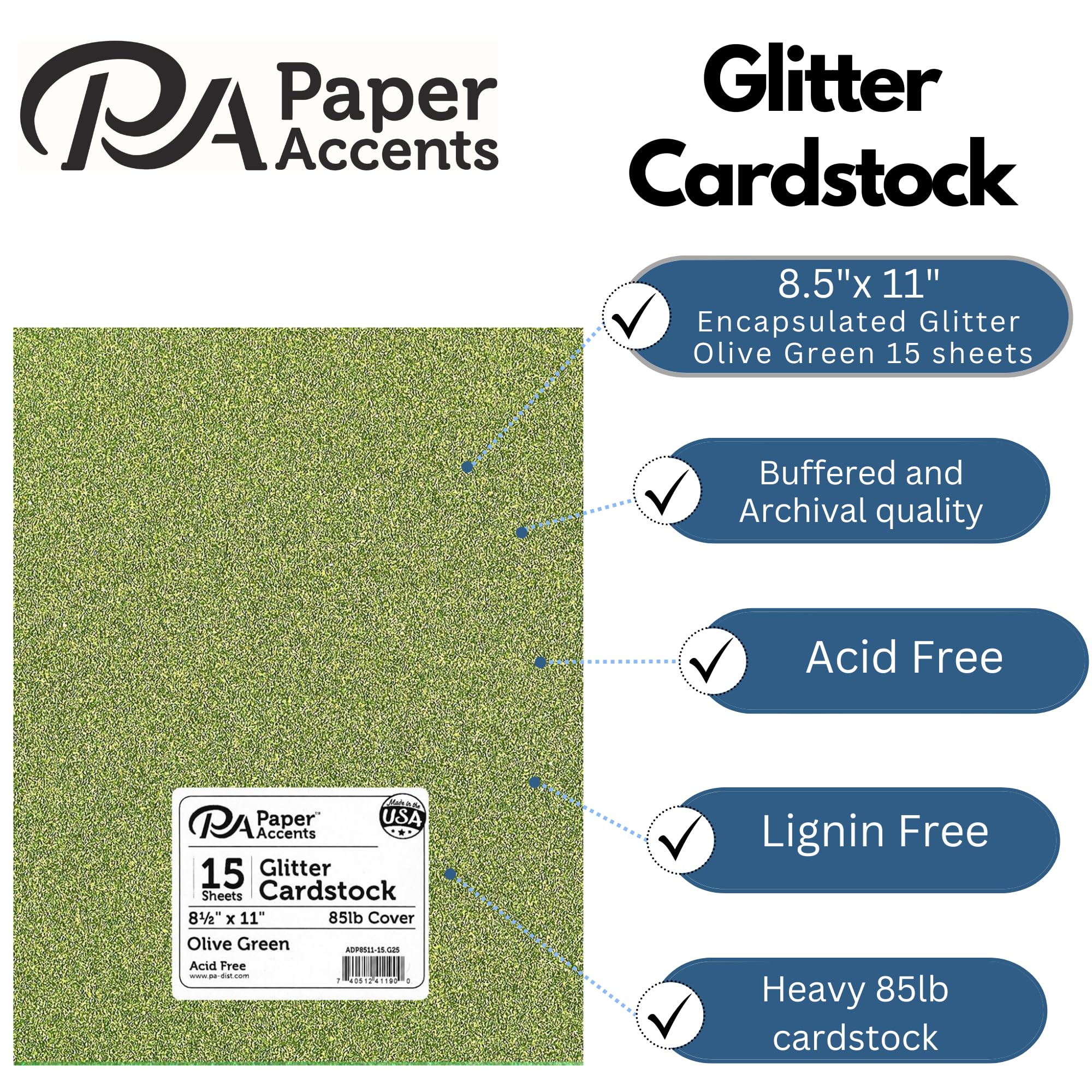 PA Paper Accents Glitter Cardstock 8.5" x 11" Olive Green, 85lb colored cardstock paper for card making, scrapbooking, printing, quilling and crafts, 15 piece pack