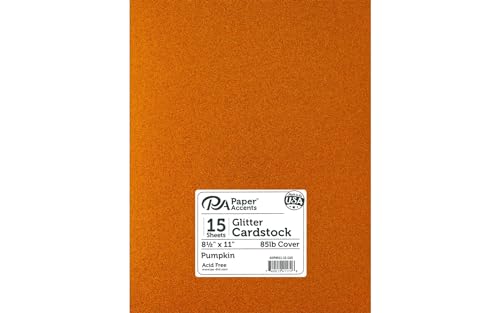 PA Paper Accents Glitter Cardstock 8.5" x 11" Pumpkin, 85lb colored cardstock paper for card making, scrapbooking, printing, quilling and crafts, 15 piece pack