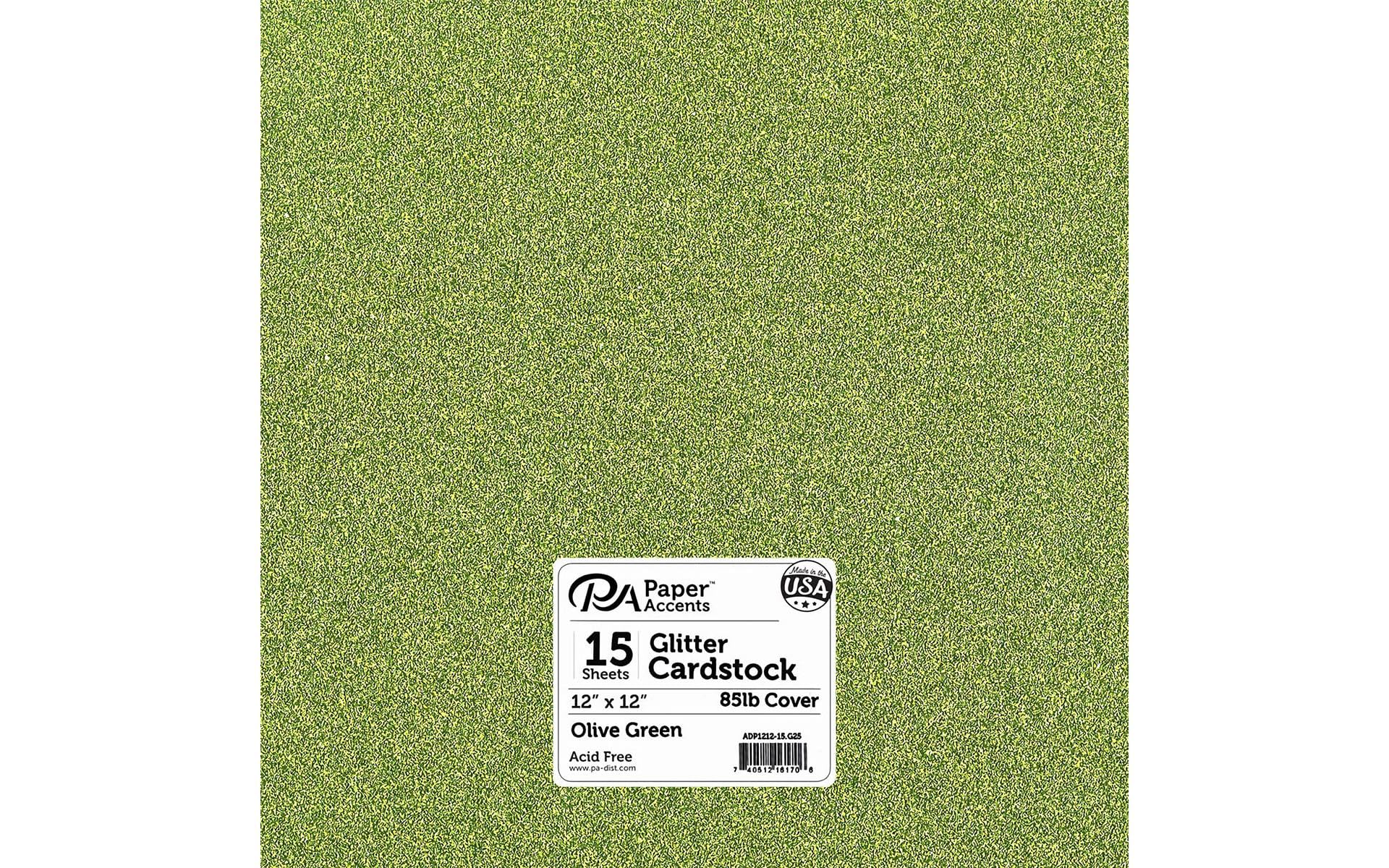 PA Paper Accents Glitter Cardstock 12" x 12" Olive Green, 85lb colored cardstock paper for card making, scrapbooking, printing, quilling and crafts, 15 piece pack