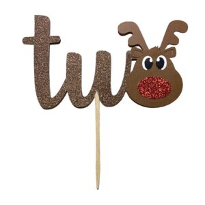 1 pc two Rudolph the Reindeer Deer antler christmas winter wonderland brown Glitter Cake Topper for second Birthday boy girl