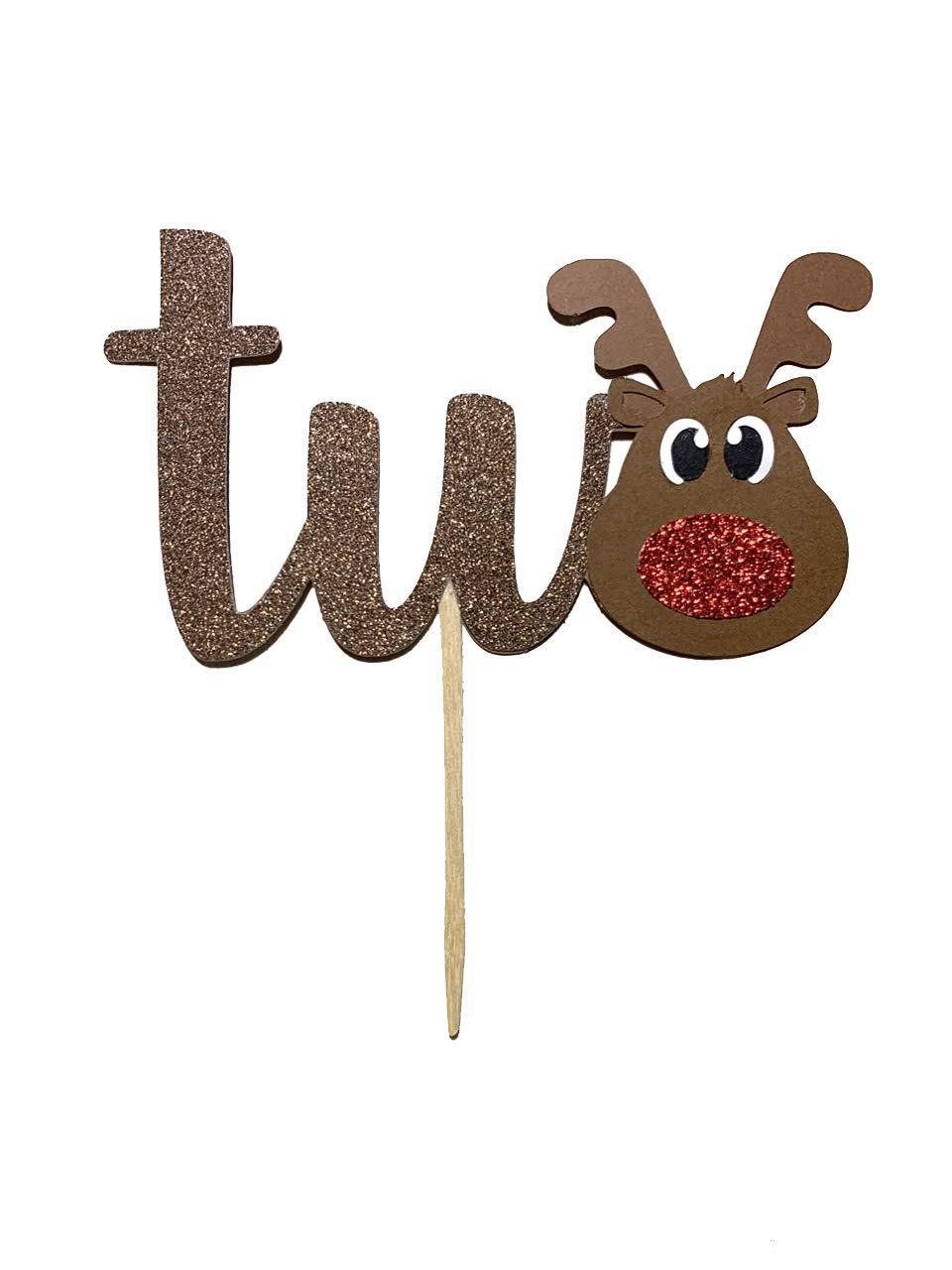 1 pc two Rudolph the Reindeer Deer antler christmas winter wonderland brown Glitter Cake Topper for second Birthday boy girl