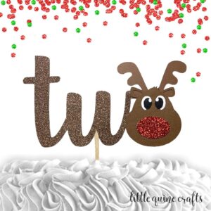 1 pc two rudolph the reindeer deer antler christmas winter wonderland brown glitter cake topper for second birthday boy girl