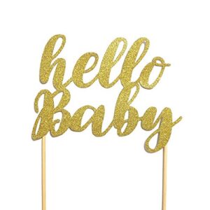 1 pc "hello baby" cake topper script fonts gender reveal baby shower gold silver glitter boy girl