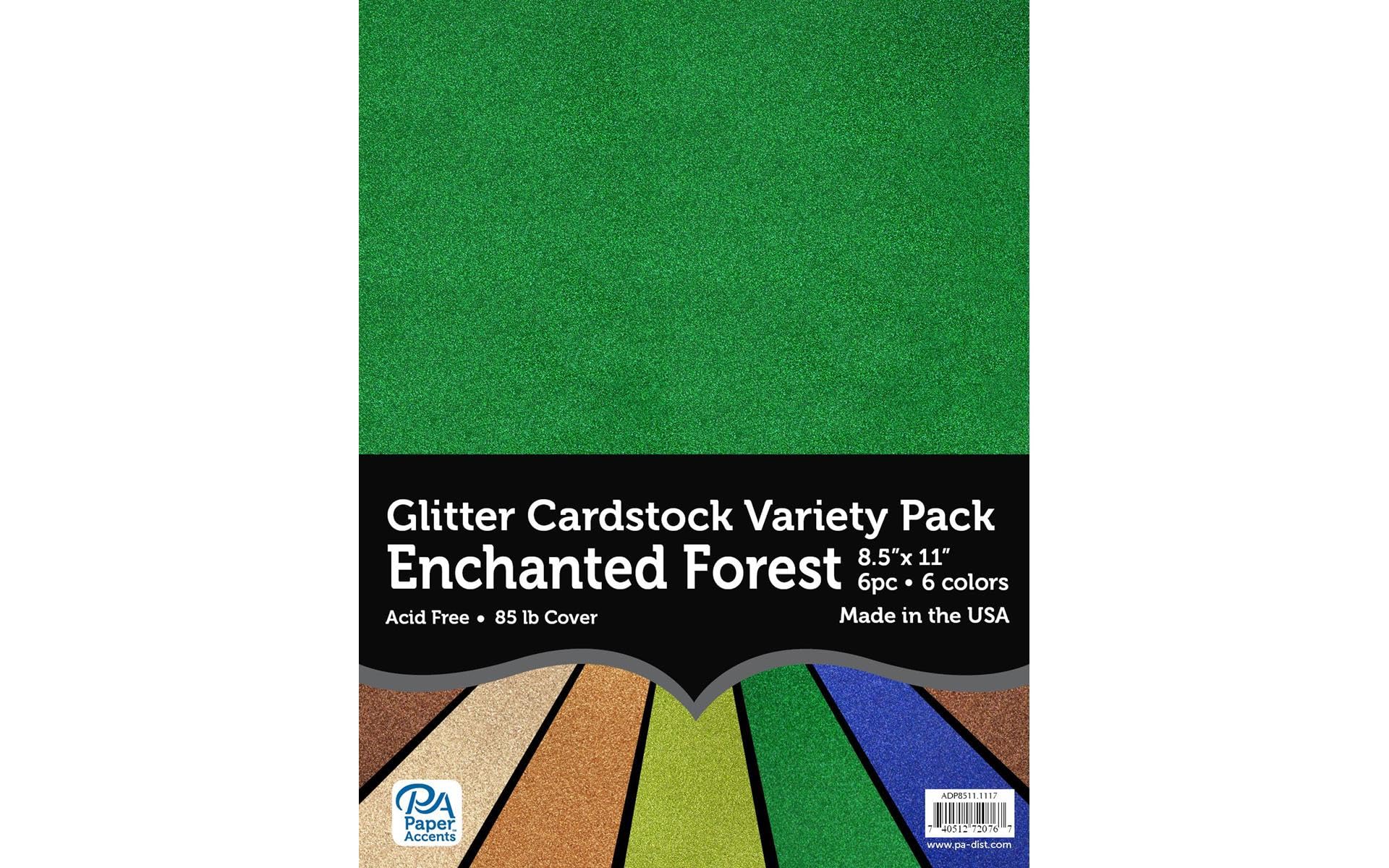 PA Paper Accents Glitter Variety Pack Cardstock 8.5" x 11" Enchanted Forest, colored cardstock paper for card making, scrapbooking, printing, quilling and crafts, 6 piece pack