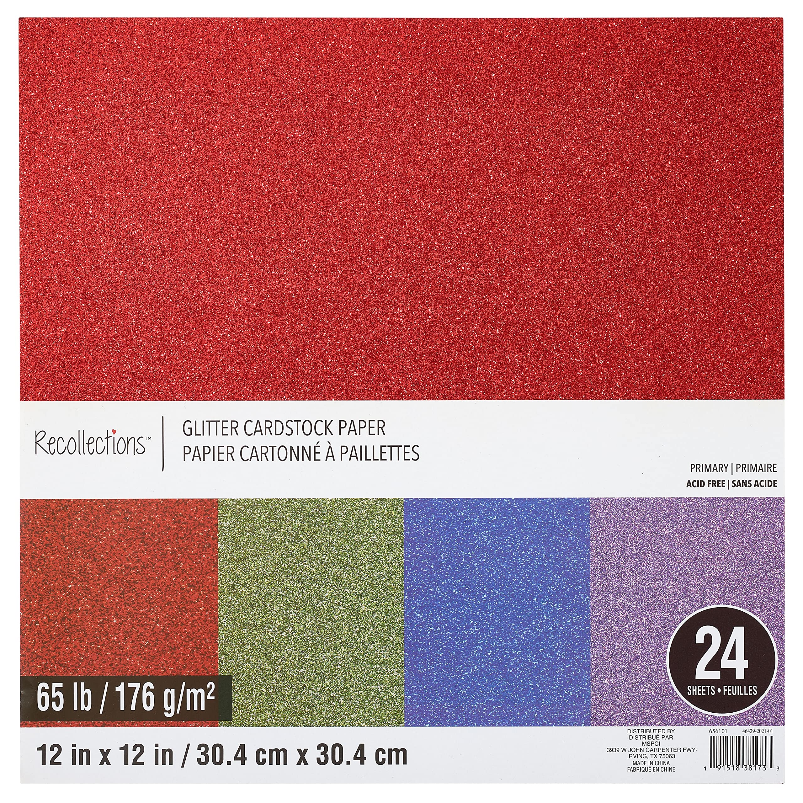 Glitter Primary 12”; x 12”; Cardstock Paper Pack by Recollections™, 24 Sheets