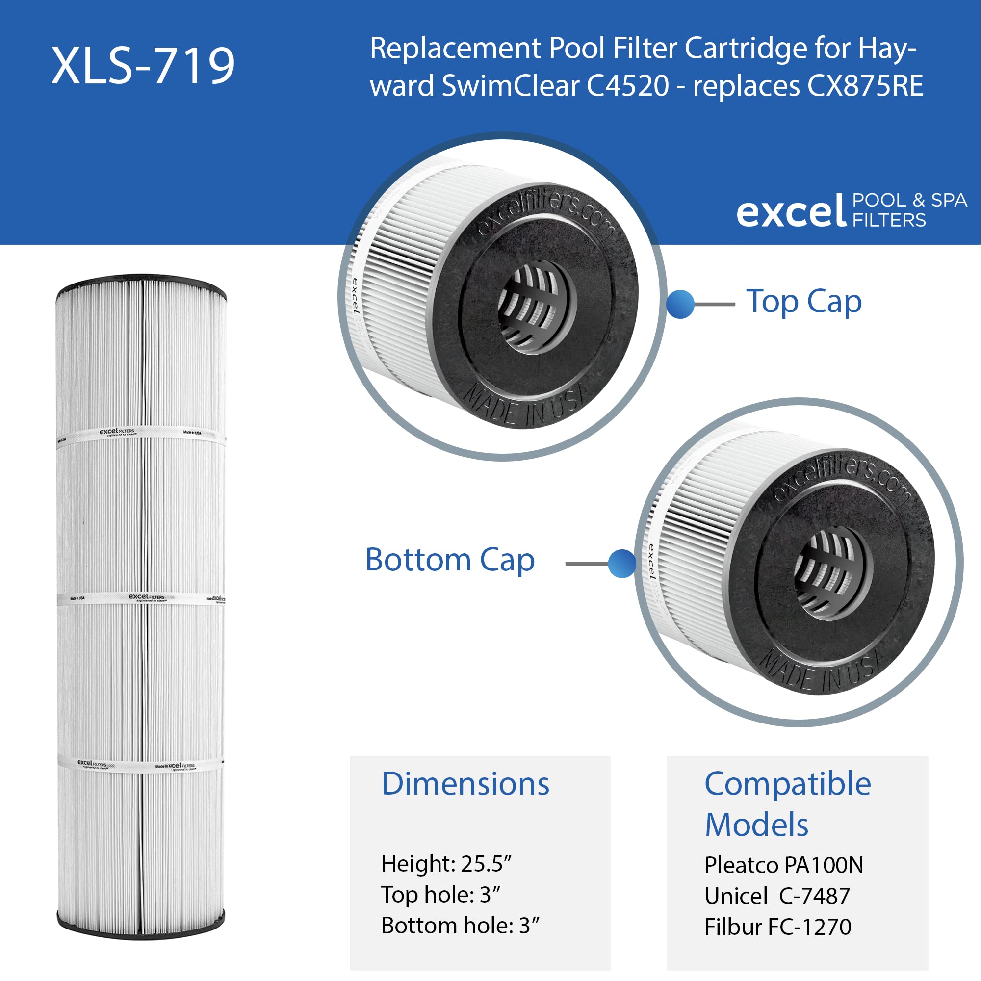 XLS-719 4 Pack Replacement Filter for Hayward SwimClear C4520. Also replaces Hayward CX875RE, Pleatco PA100N, Unicel C-7487, Filbur FC-1270 filters.