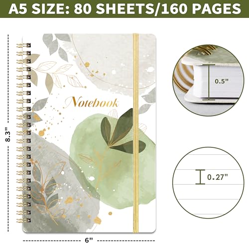 Tersus Spiral Notebook - 3 Pack A5 Notebook, 6'' x 8.3'', Journal for Women, Ruled Journal Notebook, 80 Sheets/160 Pages, Spiral Notebook