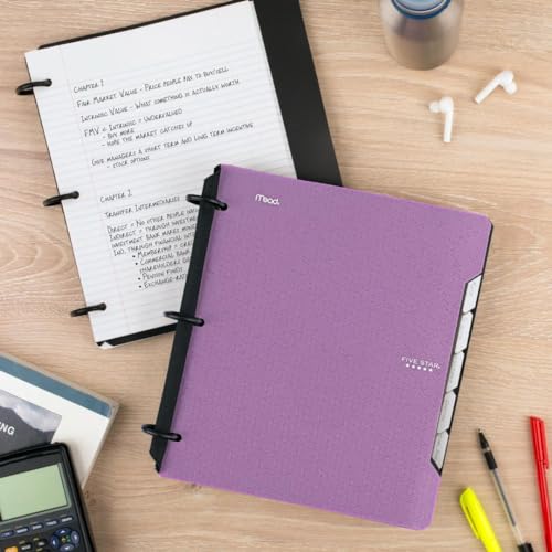 Five Star Flex Refillable Notebook + Study App, College Ruled Paper, 1-1/2 Inch TechLock Rings, Pockets, Tabs and Dividers, 300 Sheet Capacity, Purple (29324AB6)