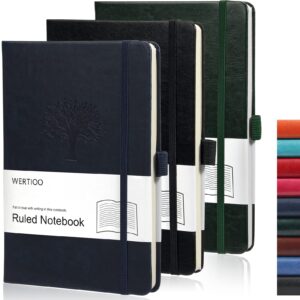 wertioo 3 pack hardcover notebook journal, diary leather lined journal notebook writing 80 pages notebook 100 gsm thick paper journals for women men (multicolor)