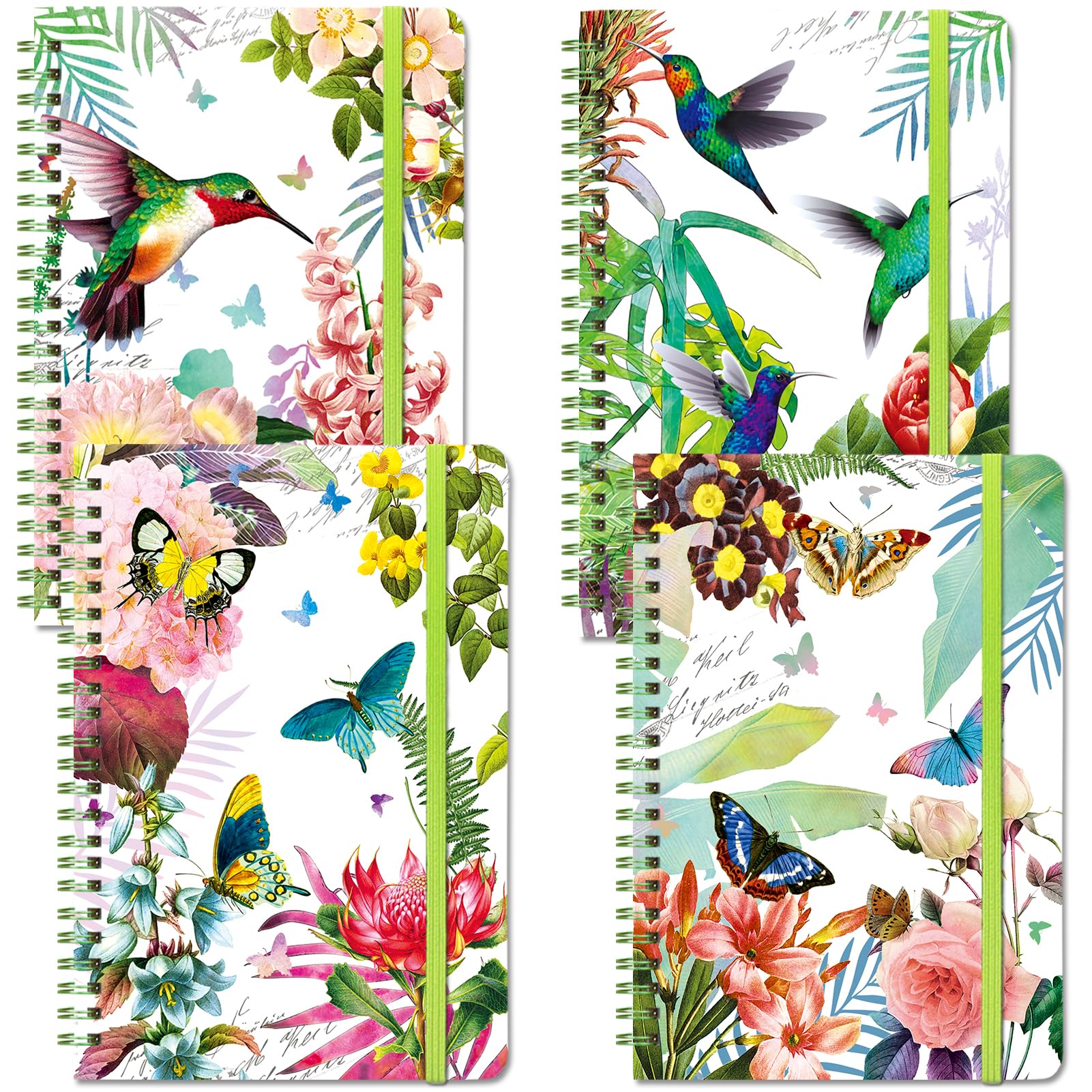 DWIYITTN 4 Pack Journal for Girls, Gifts for 8 9 10 11 12 Year Old Girls - Butterfly & Hummingbird Design - 5.7" x 8.25", Hardcover, Cute Spiral Notebook with 120 Lined Pages