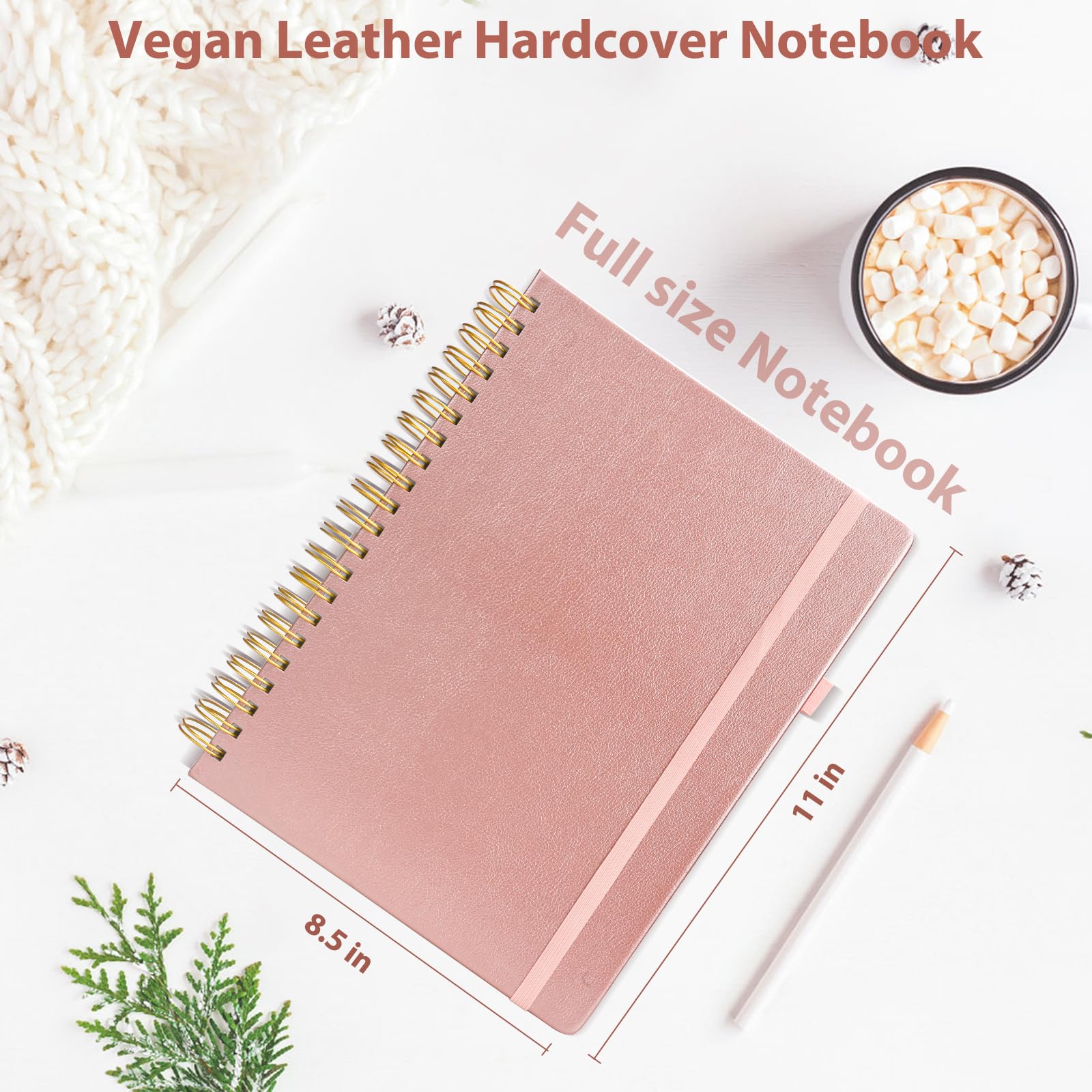 GuanQiao Spiral Notebook,8.5 x 11 College Ruled Notebooks for Work/Note Taking, Leather Hardcover Writing Journal for Women/Men,300 Pages A4 Lined Meeting Notebook for School Office,Rose gold