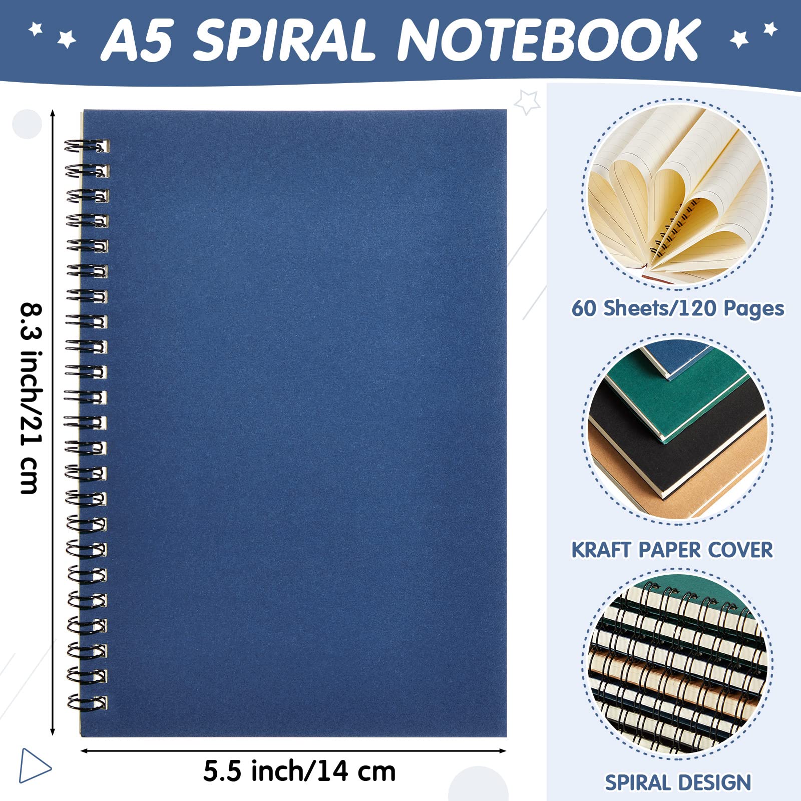 12 Pack Hardcover Spiral Notebook College Ruled A5 Spiral Journal Notebook Lined Notebooks Journals for Office School Supplies, 100 Pages/ 50 Sheets, 8.3 x 5.5 Inches