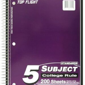 Top Flight Standards 5-Subject Wirebound Notebook, 200 Sheets, 3-Hole Punched, College Rule, 10.5 x 8 Inches, 1 Notebook, Color May Vary (31820)