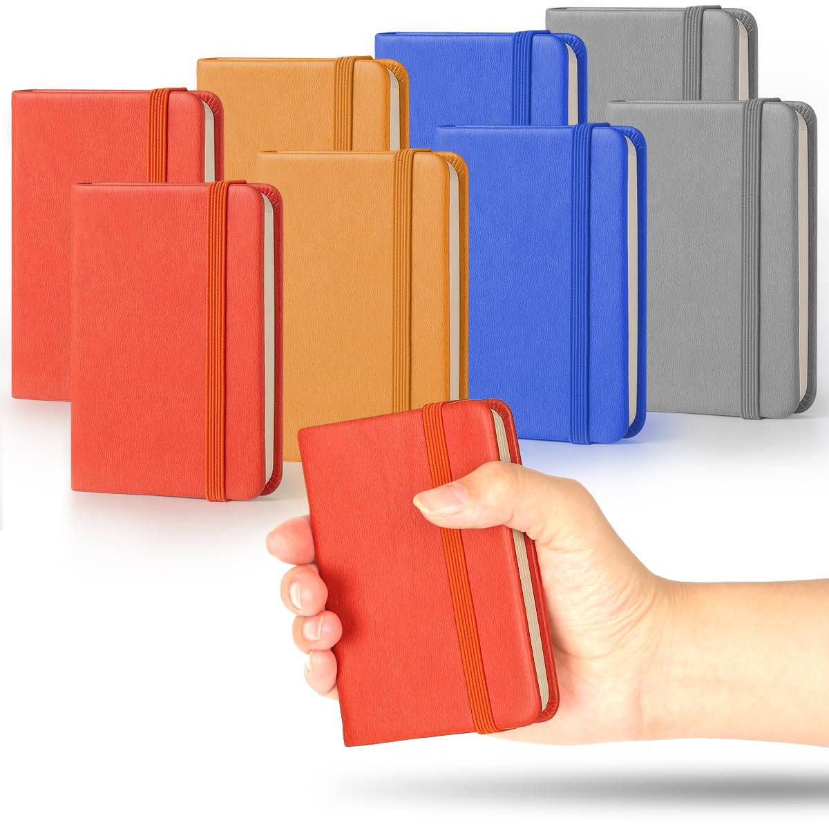 8-Pack Pocket Notebook，4.3" x 3.2"Small Notebook，Hardcover PU Leather Notebook Total 200 Pages, Mini Journal for College Ruled, Sketchbook, Work Notebook.（Contains 2 Yellow, 2 Grey, 2 Blue, 2 Orange）