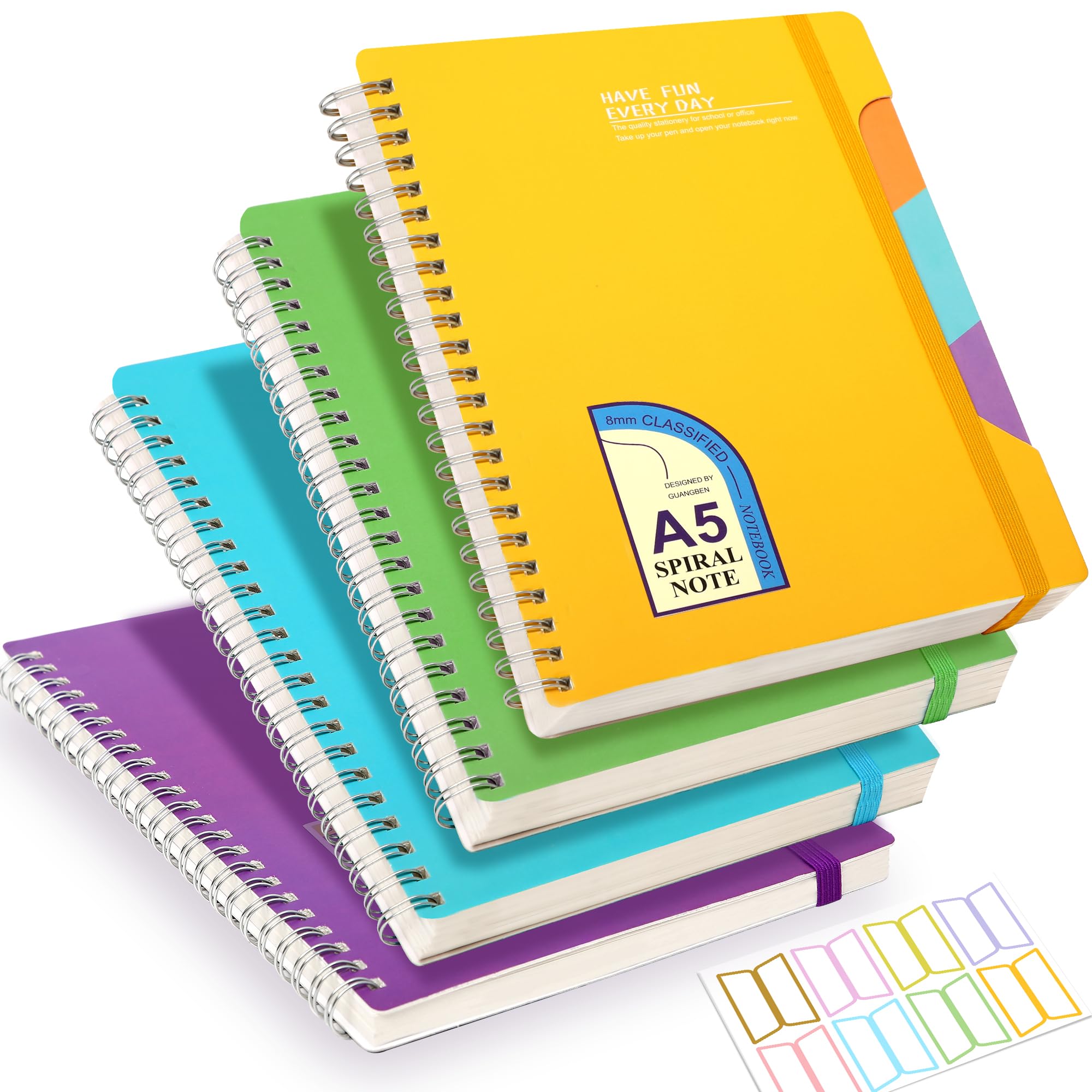 CAGIE 4 Pack Spiral Notebook 5x7 Lined Journal Notebook College Ruled 320 Sheets in Total, 4 Subject A5 Spiral Notebooks for Work School and Notes, 8 Multicolor Tab Stickers Yellow Green Blue Purple