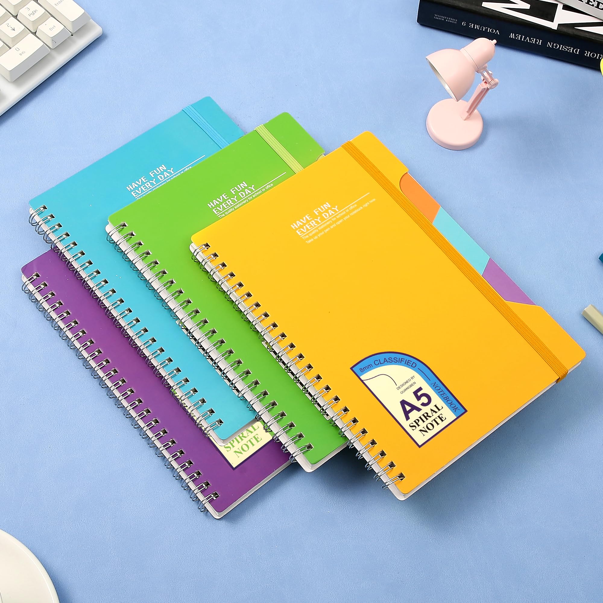 CAGIE 4 Pack Spiral Notebook 5x7 Lined Journal Notebook College Ruled 320 Sheets in Total, 4 Subject A5 Spiral Notebooks for Work School and Notes, 8 Multicolor Tab Stickers Yellow Green Blue Purple