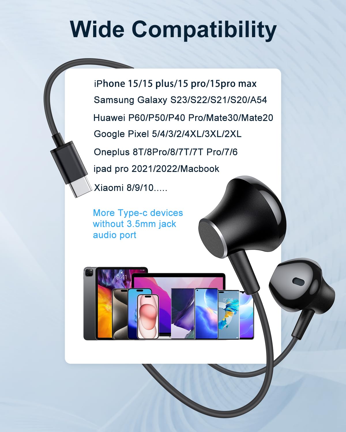 WYHOO USB C Headphones, USB Type C Earbuds Magnetic Wired Earphones with Microphone for iPhone15/15pro/15pro max, ipad pro,Samsung Galaxy S23 S22 S21 S20 Ultra,Note 10 20, Pixel 7/6/6a Oneplus