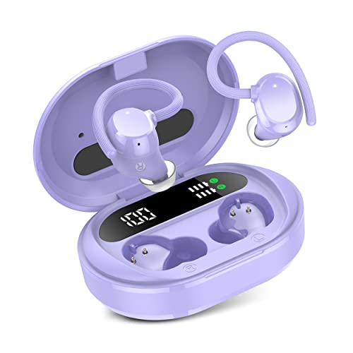 Wireless Earbuds, 2023 New Ultralight Sport Bluetooth 5.3 Headphones In Ear with LED Display, Built-in Mic Earphones, IPX7 Waterproof Wireless Headphones with Earhooks for Gym Workout (Purple)