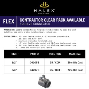 Halex – ½ Inch Flexible Metal Conduit (FMC) Squeeze Connector – 04205B – 25 Per Pack – Silver