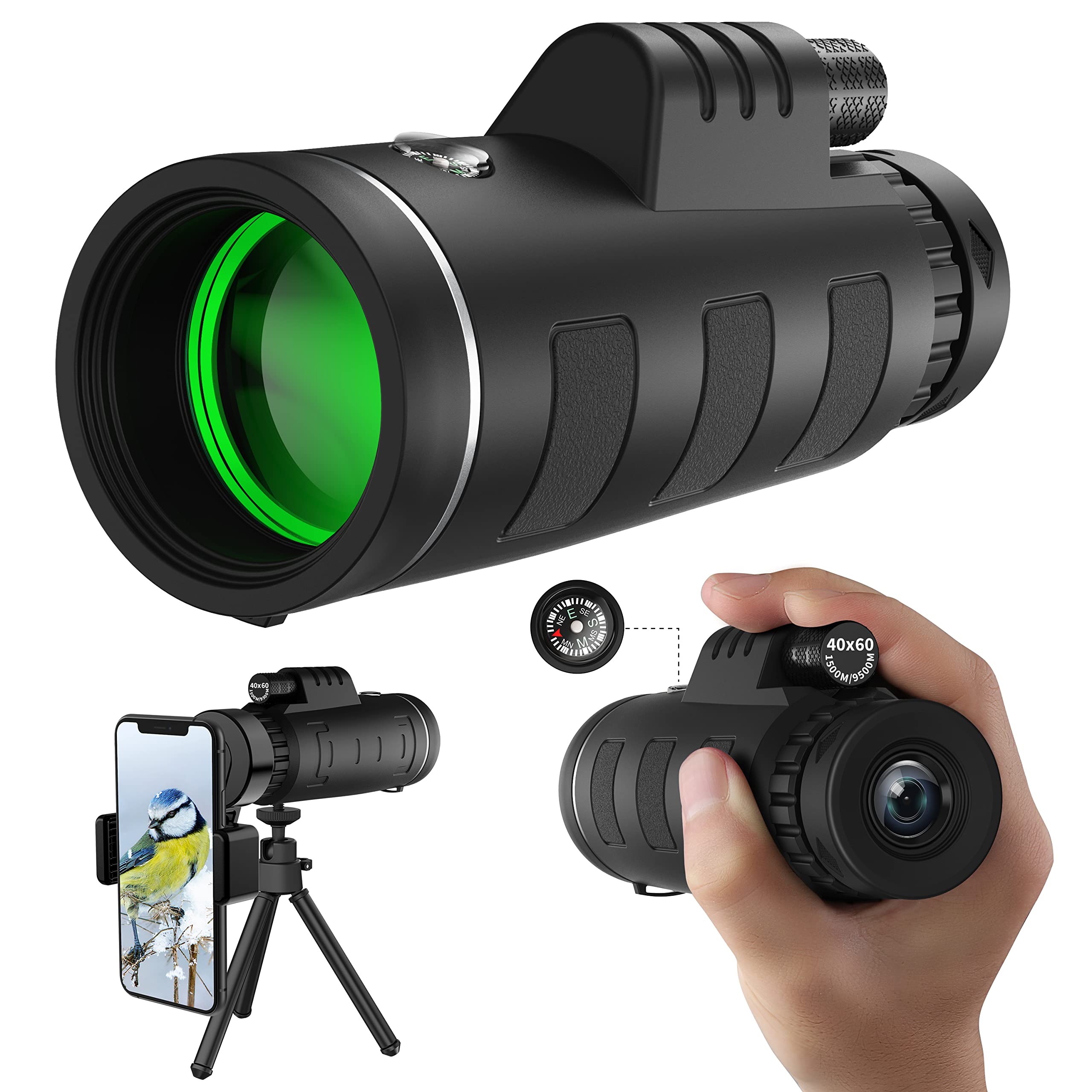 JiaSifu 40x60 High Definition Monocular Telescope with Smartphone Adapter, BAK4 Prism FMC Monocular with Clear Low Light Vision for Wildlife Hunting Camping Travelling（LD006-00A-42）