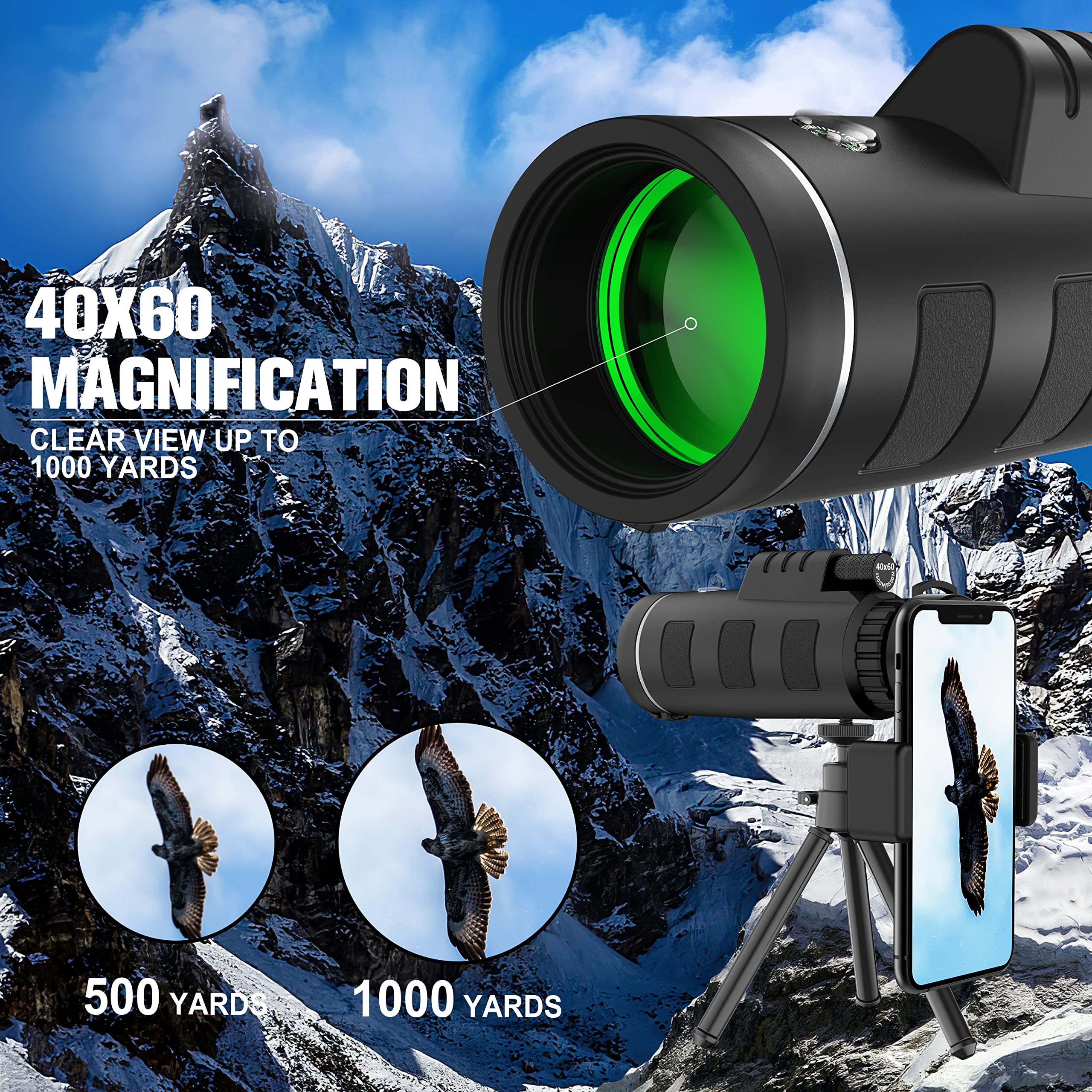 JiaSifu 40x60 High Definition Monocular Telescope with Smartphone Adapter, BAK4 Prism FMC Monocular with Clear Low Light Vision for Wildlife Hunting Camping Travelling（LD006-00A-42）