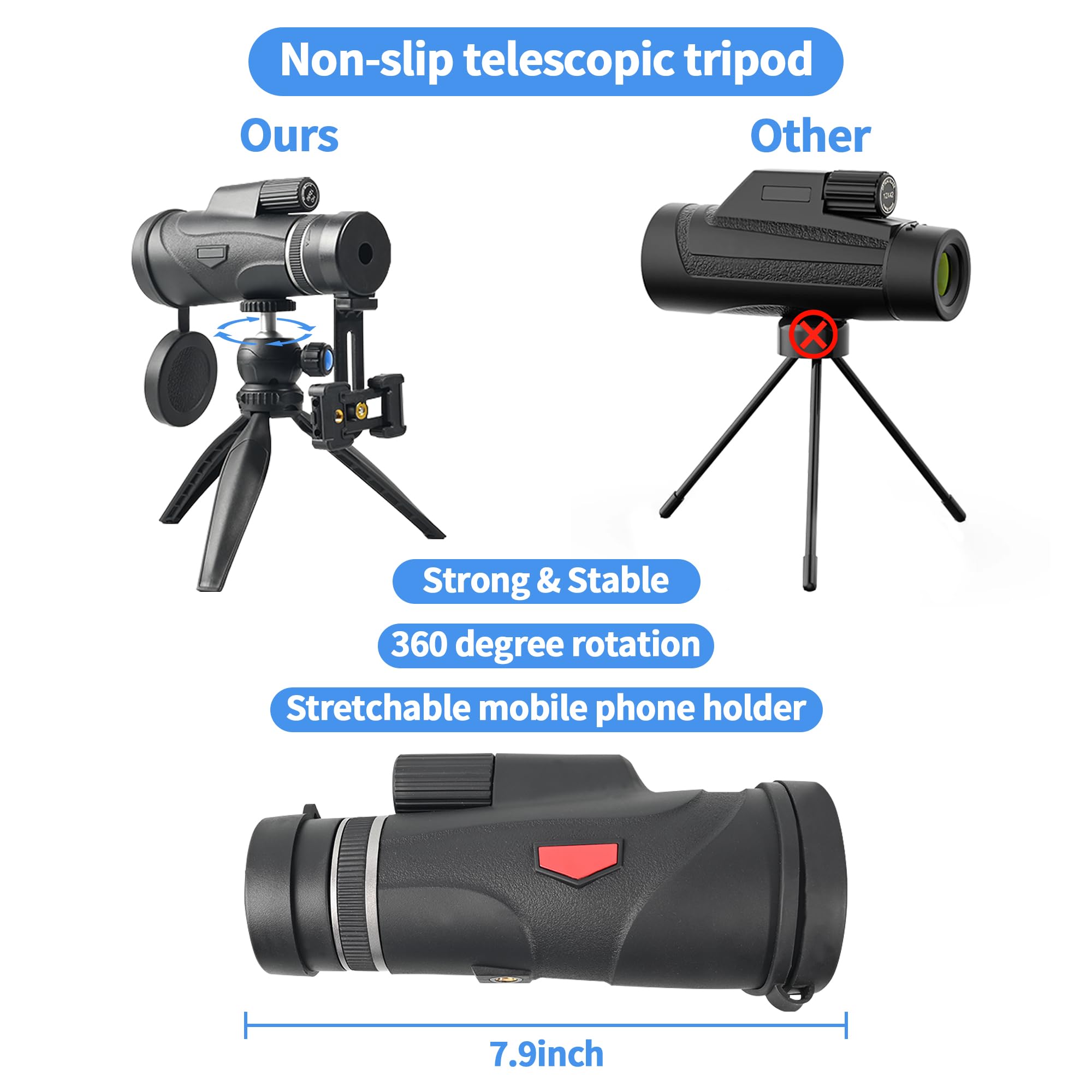 12x50 HD Monocular for Adults High Powered - Monocular Telescope with BAK4 Prism FMC Lens, Monocular Scope with Smartphone Adapter & Tripod for Star Watching, Hunting Wildlife, Bird Watching