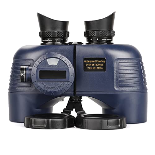 10x50 Marine Binoculars with Compass for Adults - Waterproof BAK4 Prism FMC lens Binoculars with Rangefinder Compass and Shoulder Harness Strap for Navigation Hunting Bird Watching