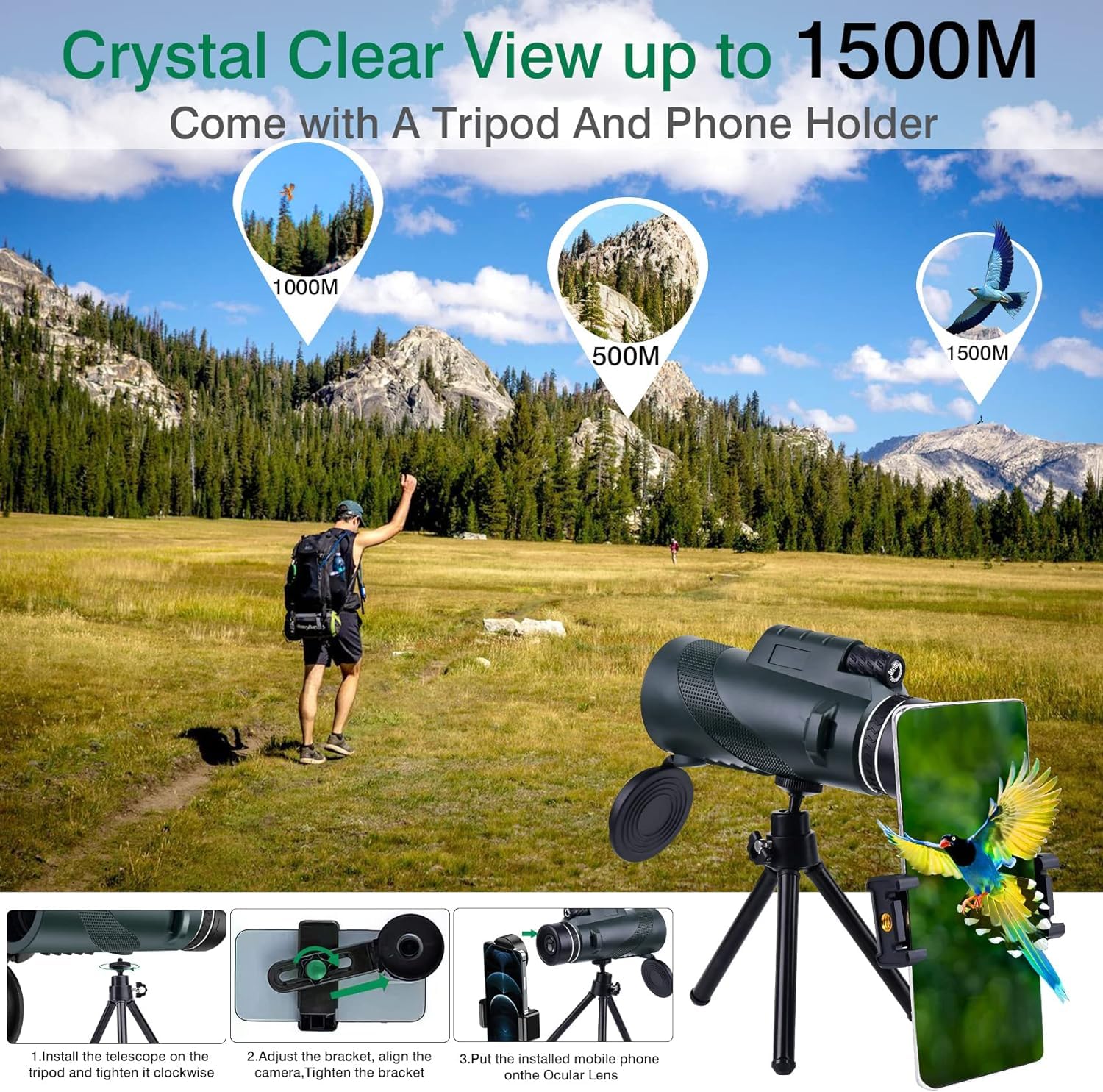 Fcteap Monocular Telescope BAK-4 Prism and FMC Lens for Adults High Power HD Compact Handheld Telescope Travel Essentials Stargazing Hunting Wildlife Bird Watching Camping Hiking Phone (Green,80x100)