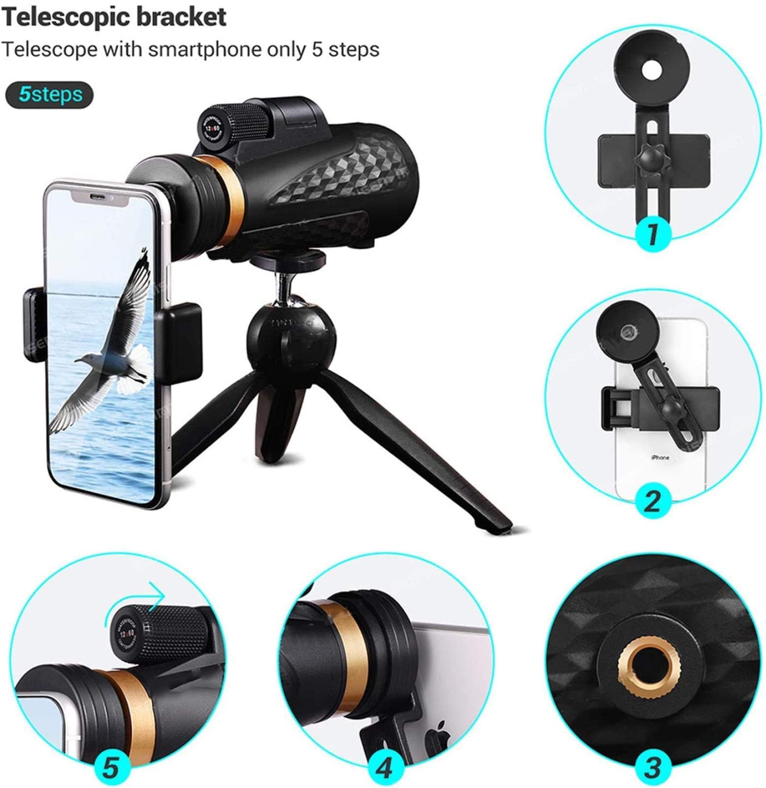 18x62 High Power BAK4 Prism FMC Lens Monocular Compact Life Waterproof Monocular with Smartphone Adapter and Tripod for Adult Bird Watching, Outdoor Hunting