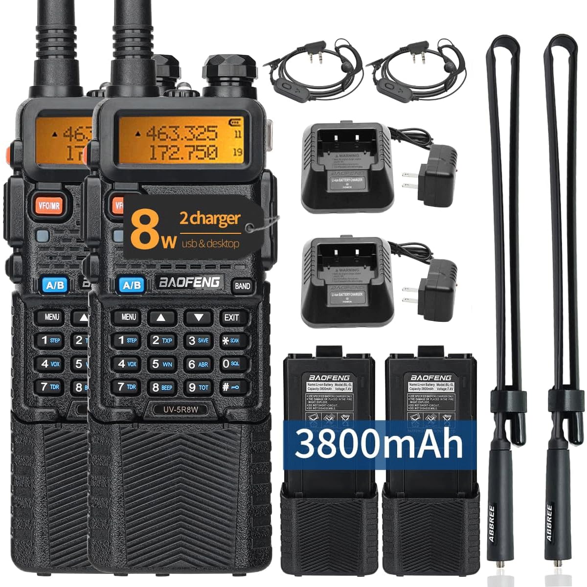 2 Pack BaoFeng UV-5R 8W High Power Tri-Power 1W/4W/8W Portable Dual Band Two-Way Radio 3800mAh Battery & ABBREE Tactical Antenna (2pcs 5R8W+28.3")…