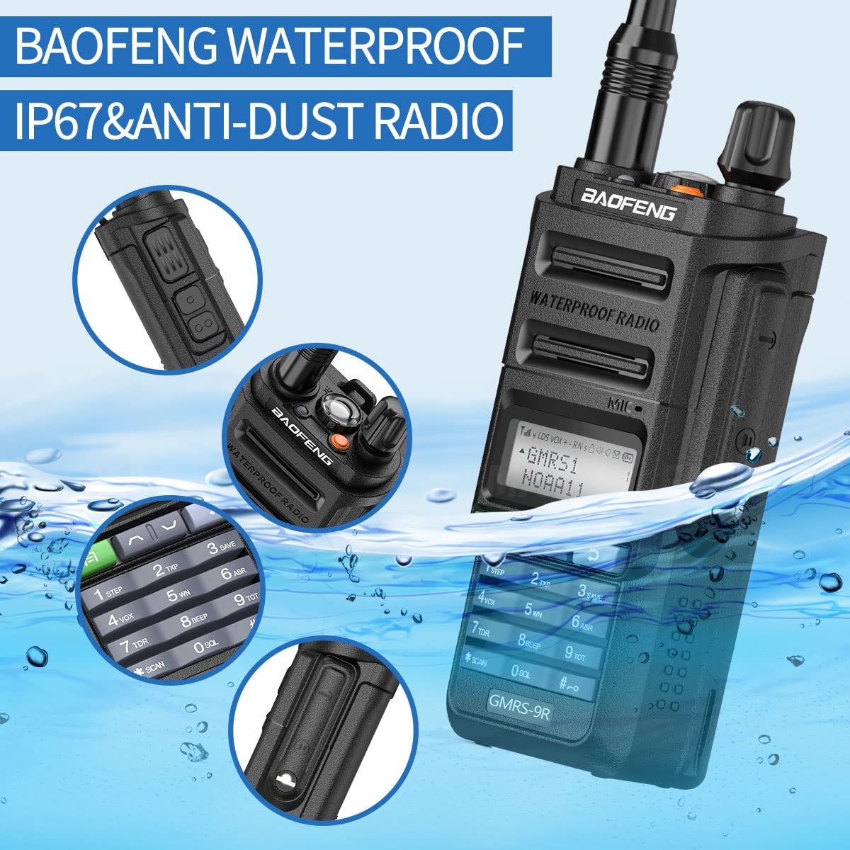 Baofeng GMRS-9R GMRS Radio Waterproof IP67 Two Way Radios Rechargeable Walkie Talkies Long Range NOAA Weather Alerts Scan With extra Battery,Programming Cable,Tactical Antenna,Speaker Mic,Tactical Bag