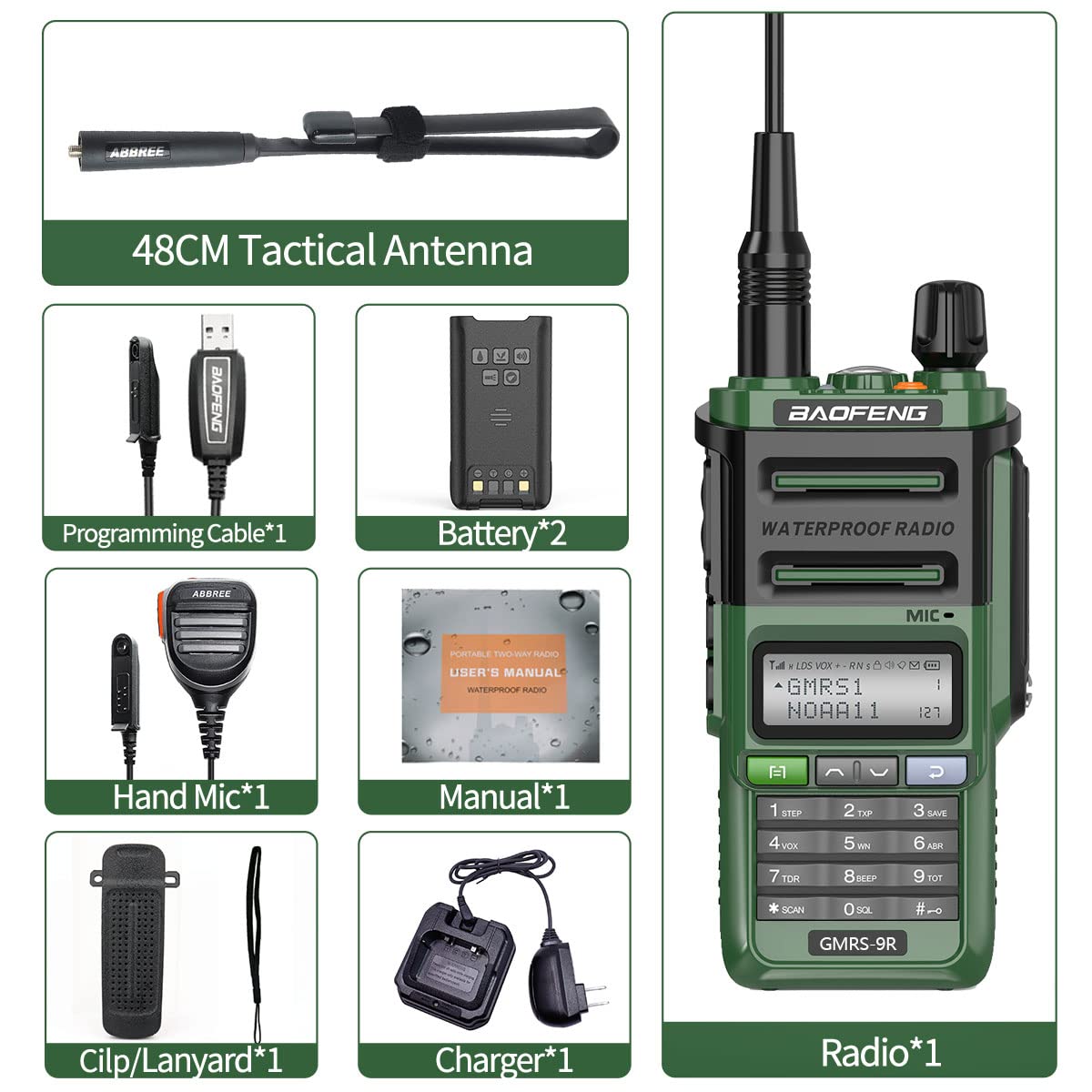 GMRS Radio Handheld 5W Radio Baofeng GMRS-9R Rechargeable Two Way Radio for Adults,Waterproof IP67,NOAA Scanning&Receiving with Extra Tactical Antenna,2800mAh Battery,Speaker Mic