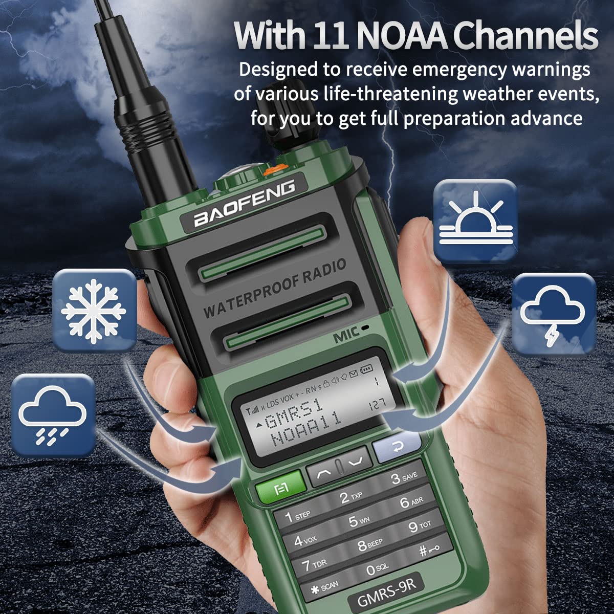 GMRS Radio Handheld 5W Radio Baofeng GMRS-9R Rechargeable Two Way Radio for Adults,Waterproof IP67,NOAA Scanning&Receiving with Extra Tactical Antenna,2800mAh Battery,Speaker Mic