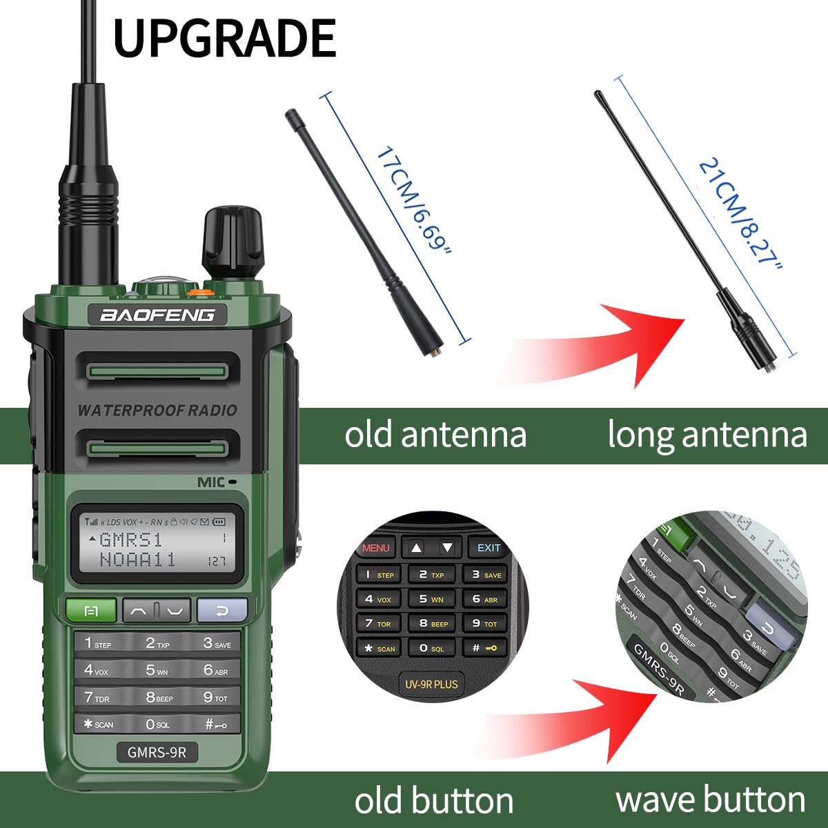 GMRS Radio Handheld 5W Radio Baofeng GMRS-9R Rechargeable Two Way Radio for Adults,Waterproof IP67,NOAA Scanning&Receiving with Extra Tactical Antenna,2800mAh Battery,Speaker Mic