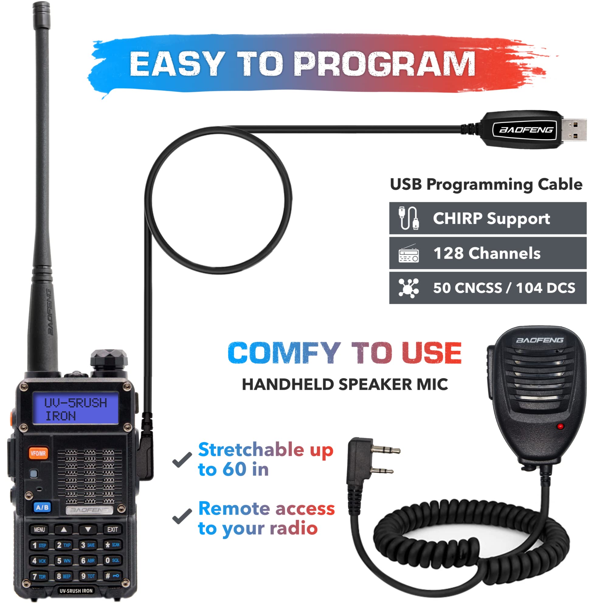 Baofeng UV-5R 8Watt Ham Radio with: Baofeng Battery BL-5 2800mAh, USB Baofeng Programming Cable, Radio Pouch and Speaker Mic Compatible with: Baofeng UV5R, BF-F8HP, UV-5X3