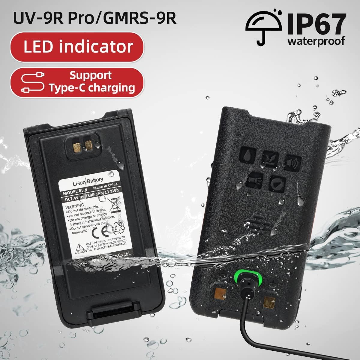 BAOFENG UV-9R Pro 8W Ham Radio Long Range Handheld Dual Band Tri- Power Two-Way Radio Waterproof Transceiver Walkie Talkies Rechargeable with Type-C Charging Cable for Camping Hunting Survival Gear