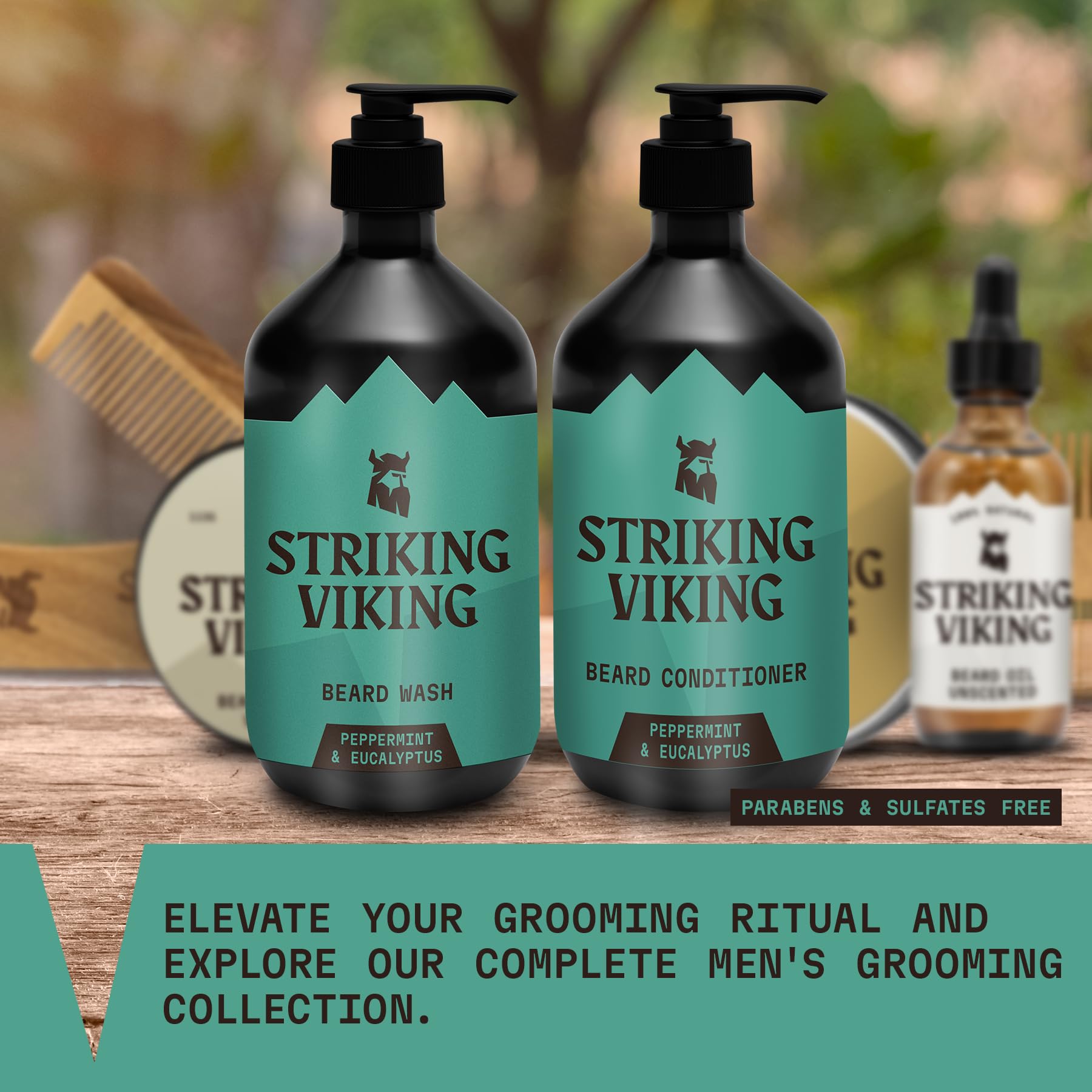 Striking Viking Beard Wash and Conditioner (Peppermint & Eucalyptus) - Paraben & Sulfate Free Beard Shampoo & Beard Conditioner For Men with Jojoba Oil - Care For All Beard Types (10oz Per Bottle)