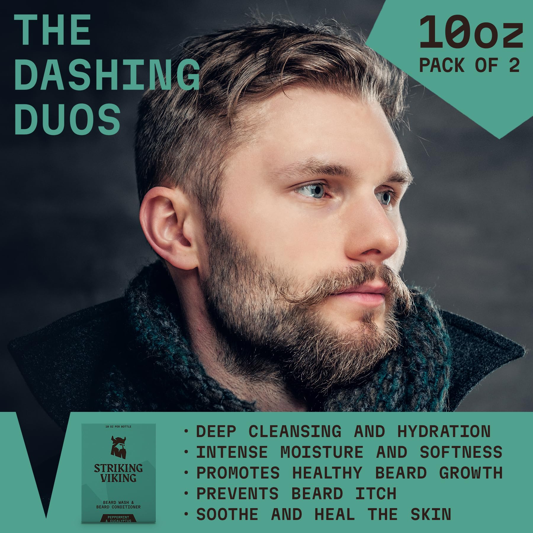 Striking Viking Beard Wash and Conditioner (Peppermint & Eucalyptus) - Paraben & Sulfate Free Beard Shampoo & Beard Conditioner For Men with Jojoba Oil - Care For All Beard Types (10oz Per Bottle)