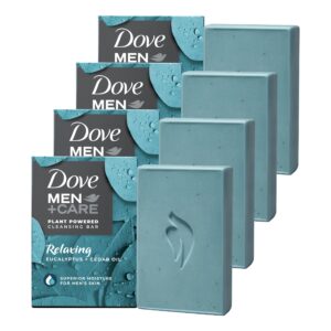 dove men + care cleansing bar soap eucalyptus + cedar oil 4 count to rebuild skin in the shower, a 4in1 hair, body, face & shaving bar with plant-based cleanser and natural oils 5 oz