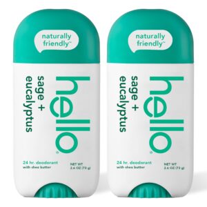 hello white sage + eucalyptus deodorant with shea butter for women + men, aluminum free, baking soda free, parabens free, 24 hour odor protection, 2.6 ounce, 2 pack