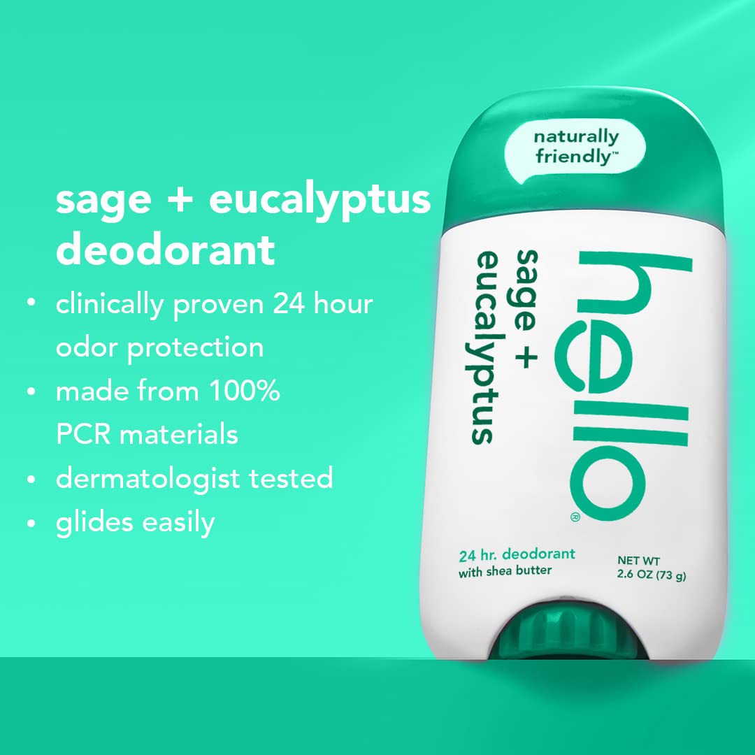 hello White Sage + Eucalyptus Deodorant With Shea Butter for Women + Men, Aluminum Free, Baking Soda Free, Parabens Free, 24 Hour Odor Protection, 2.6 Ounce, 2 Pack