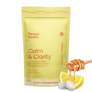 neurogum calm & clarity mints (90 pieces) - sugar free with l-theanine + gaba + vitamin d3 - nootropic brain supplements for memory - enhances calm, stress relief for men & women - honey lemon