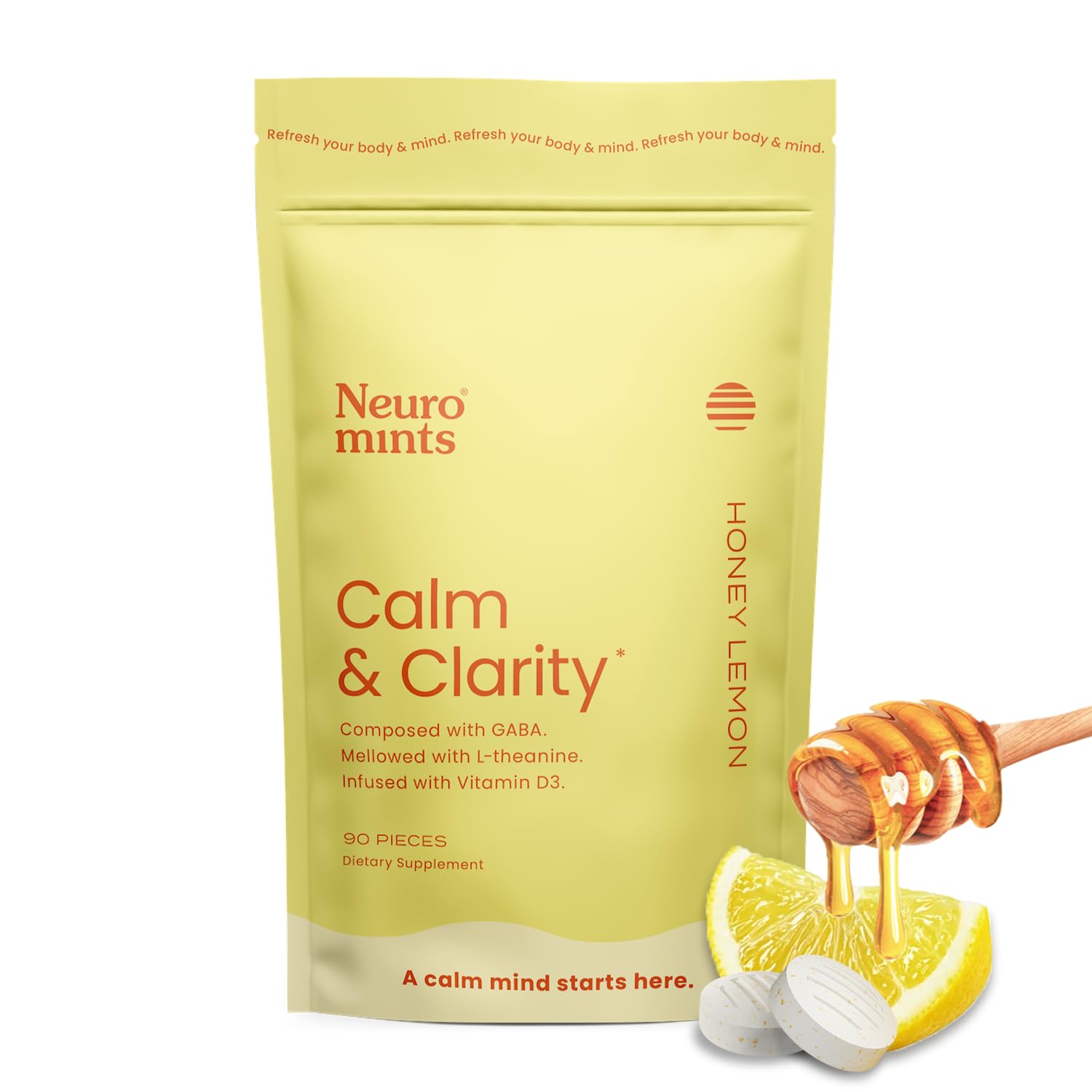 NeuroGum Calm & Clarity Mints (90 Pieces) - Sugar Free with L-theanine + GABA + Vitamin D3 - Nootropic Brain Supplements for Memory - Enhances Calm, Stress Relief for Men & Women - Honey Lemon