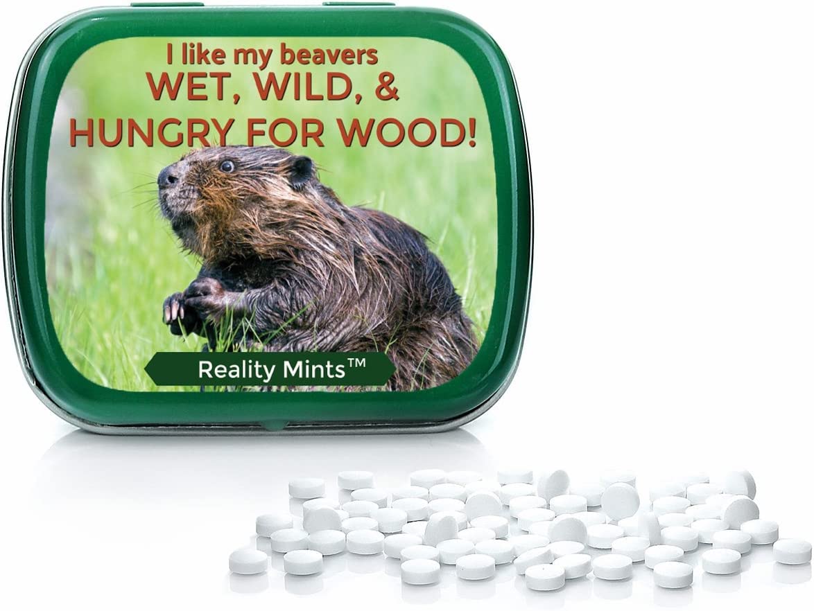 Funny Statement Mints - Breath Fresheners for Adults - Mens Gag Gifts, Stocking Stuffers, Candy Basket Fillers - Sugar-Free - Pocket-Size Metal Tins (Beaver)