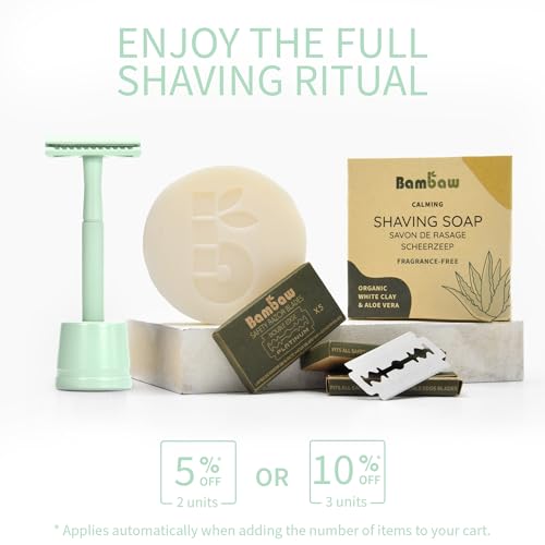 Bambaw Women Safety Razor with 5 Double Edge Safety Razor Blades, Metal Double Edge Razor, Eco Friendly Razor, Reusable & Plastic Free – Mint Green